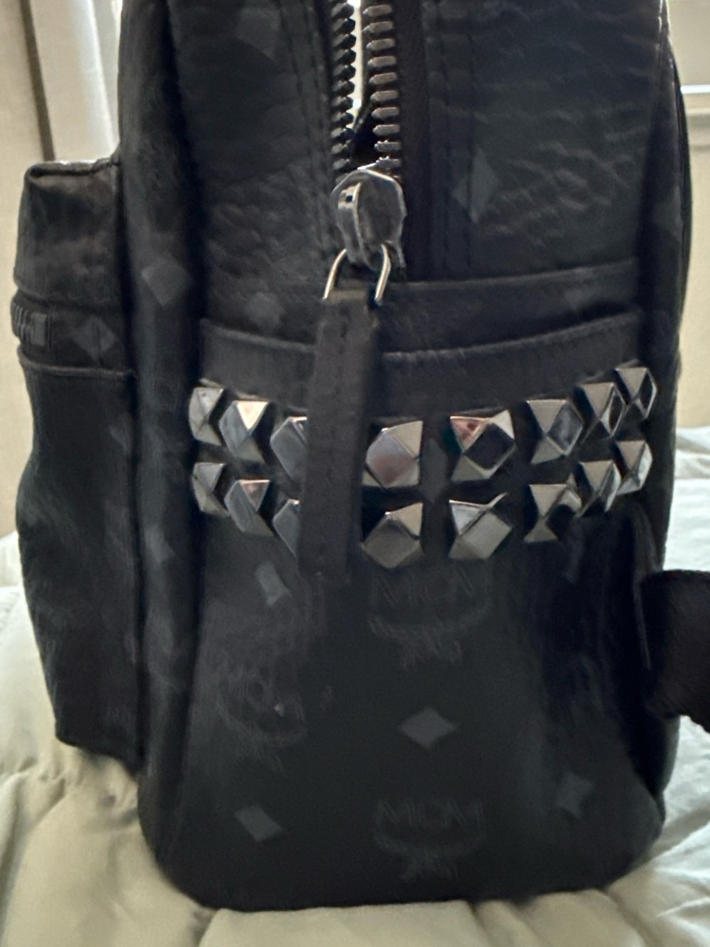 MCM Black Logo-Print Leather Backpack with Stud Accents - Picture 2 of 8